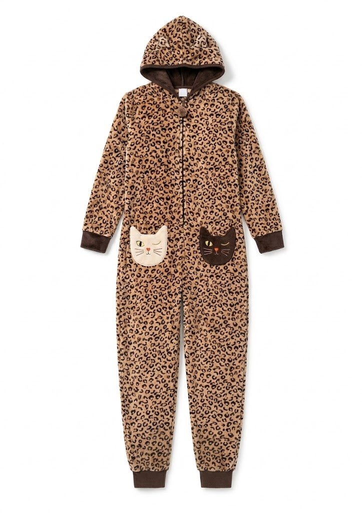 Jumpsuit Hoody-Big Cat Brown Leopard Winter Pyjamas set - 1 Pieces