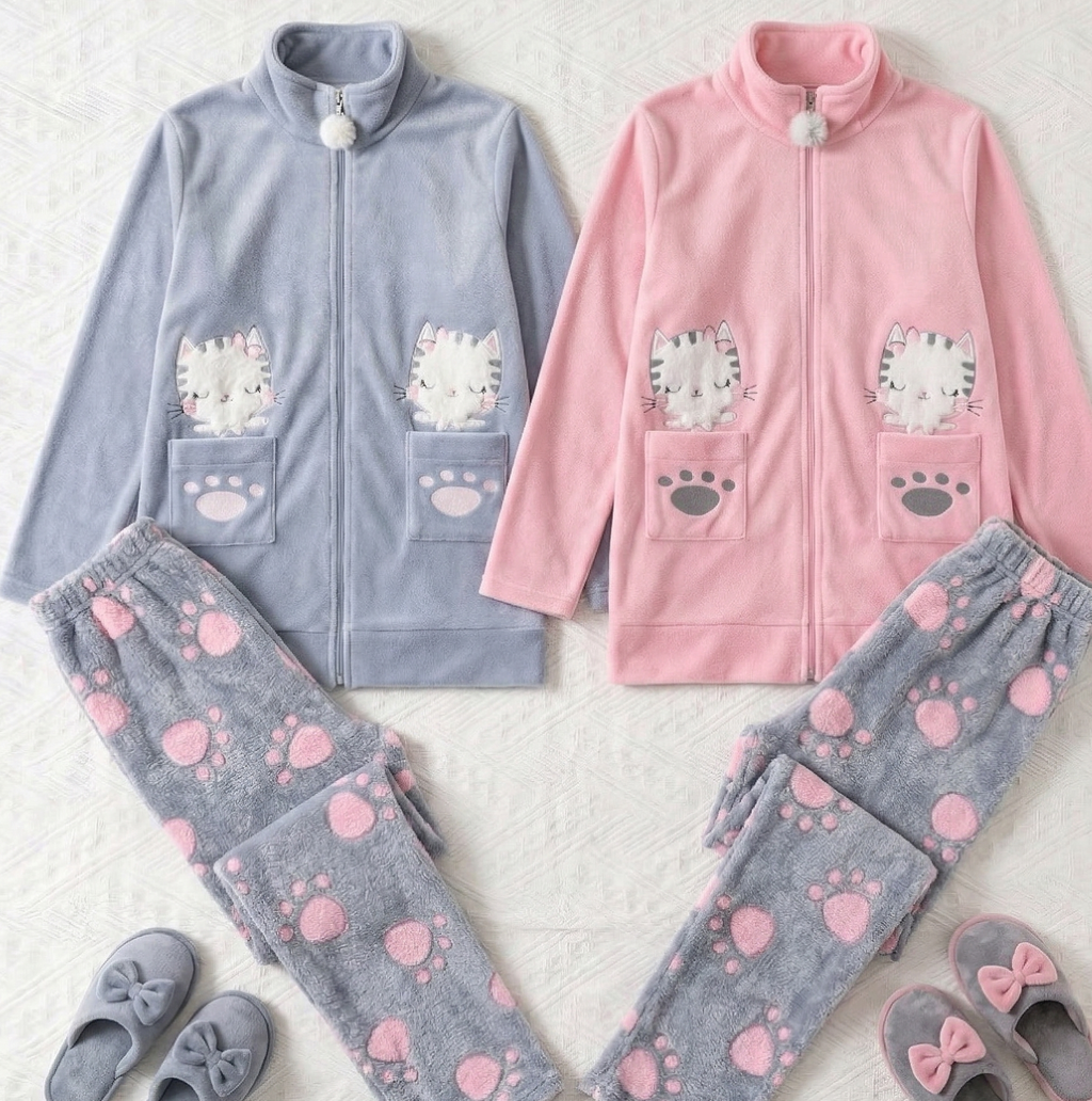 Warm high Collar Pink/Grey Winter Pyjamas set - 2 Pieces
