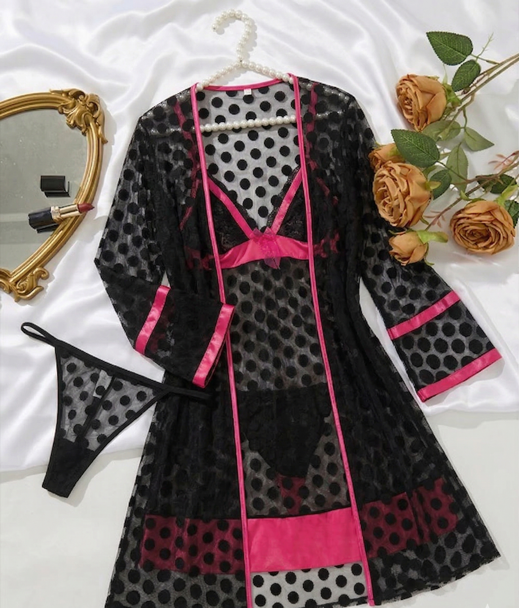 Black Spotted Sexy See-through Hot Lingerie set - 3 Pieces