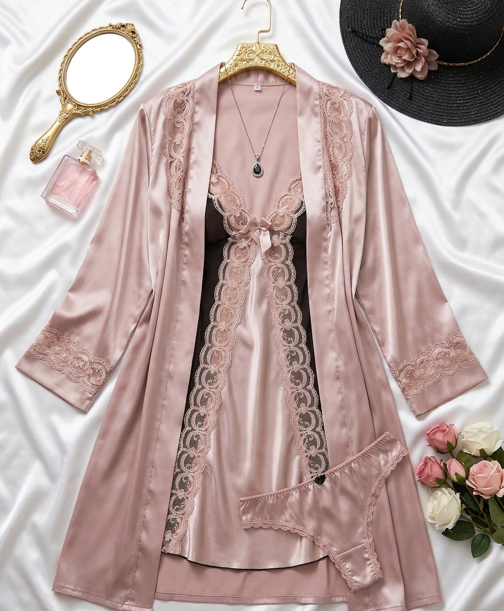 Ms Angelina Sexy Satin Cami Set with Robe - 3 Pieces