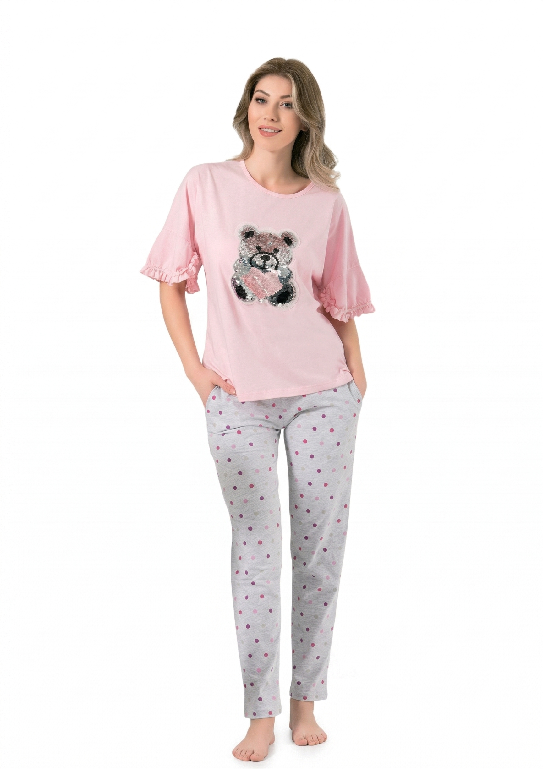 Teddy Bear Women Grey Spotted Pyjamas set- 2 Pieces