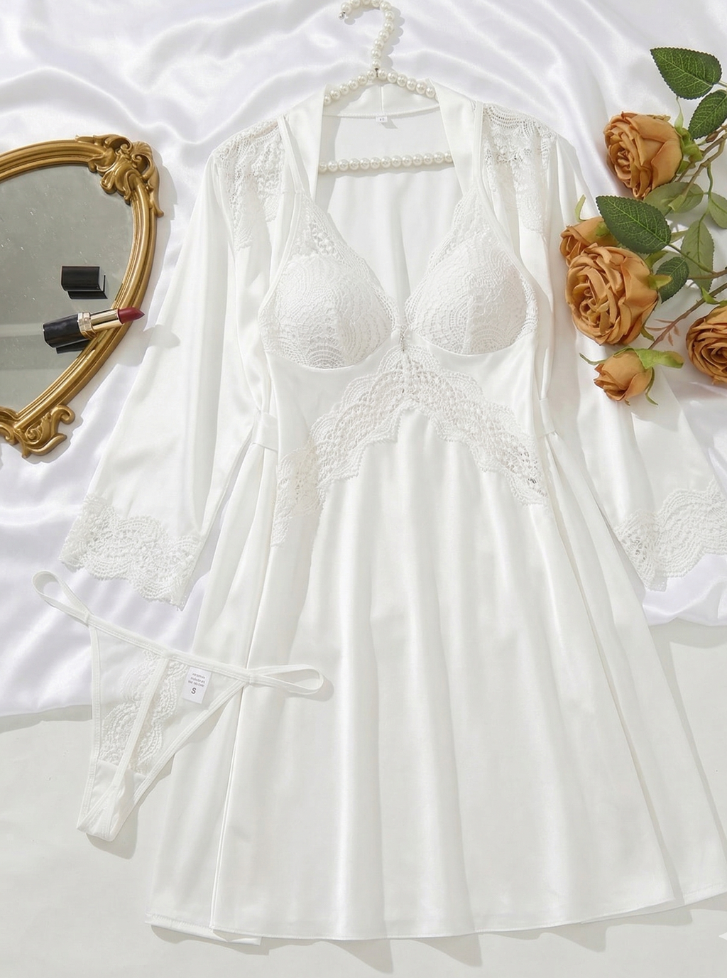 Sierra Satin Long Chemise with sexy Robe set - 3 Pieces