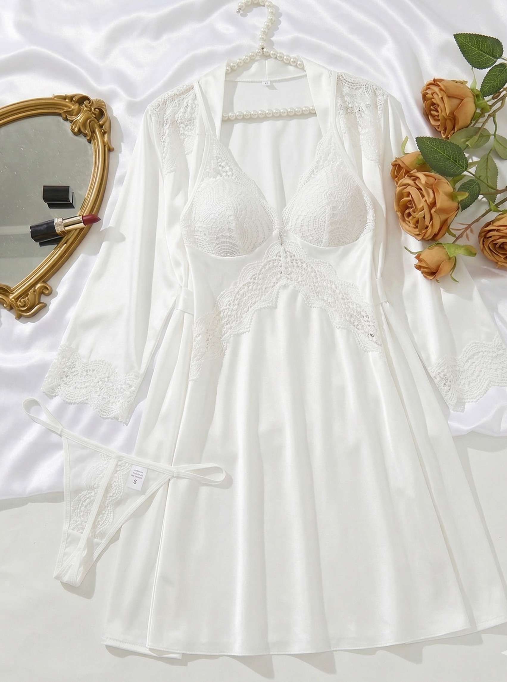 Sierra Satin Long Chemise with sexy Robe set - 3 Pieces