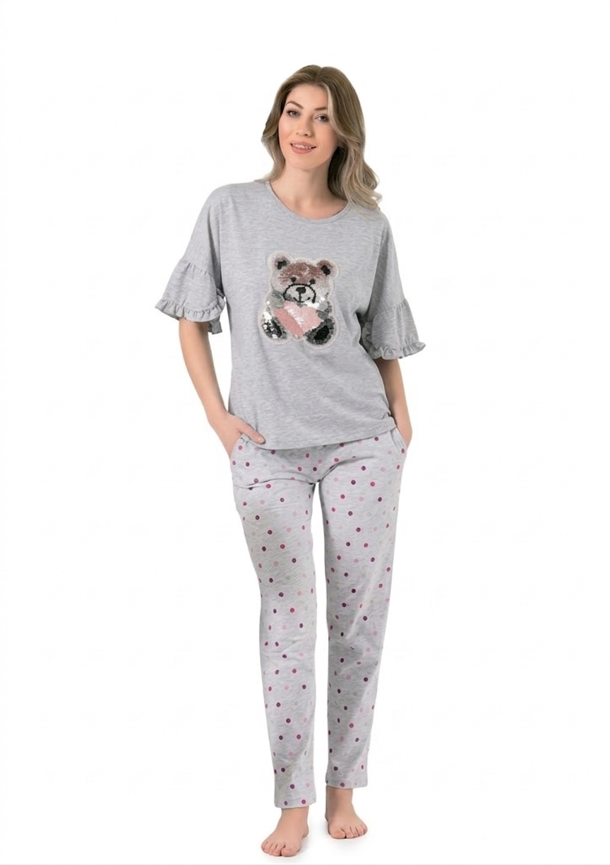 Teddy Bear Women Grey Spotted Pyjamas set- 2 Pieces