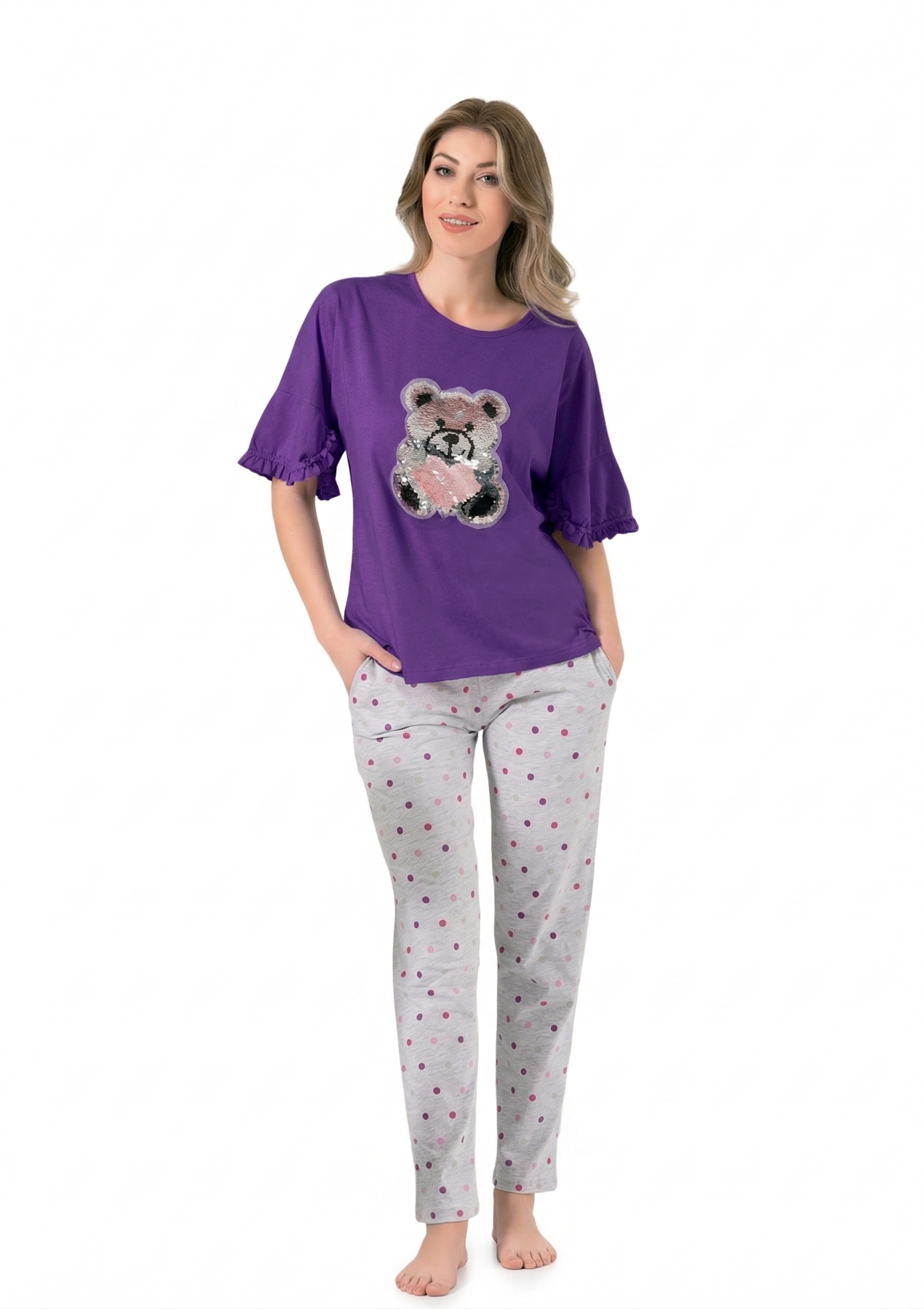 Teddy Bear Women Grey Spotted Pyjamas set- 2 Pieces