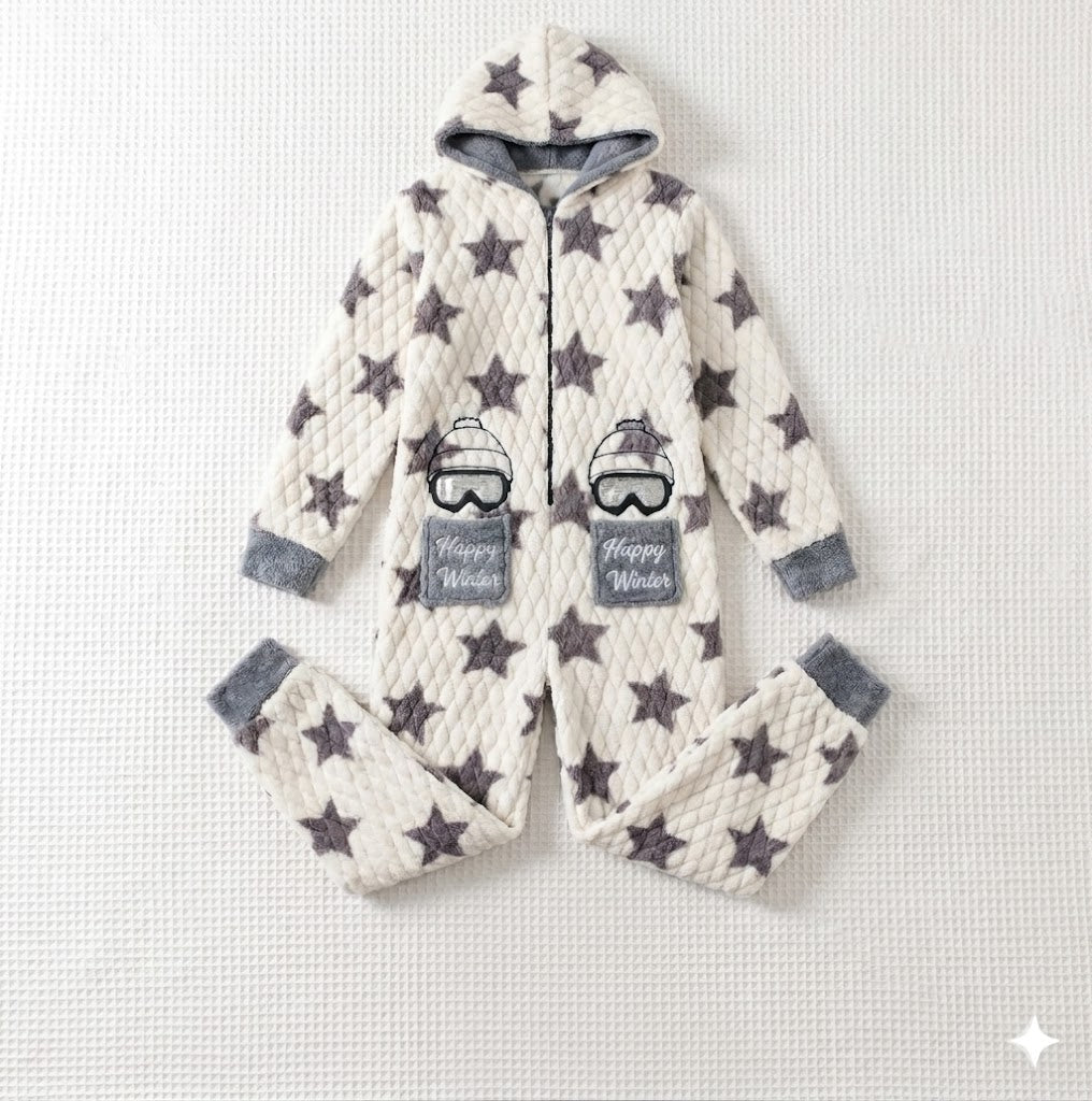 Winter Jumpsuit Grey-Star Hood Cosy Pyjamas set - 1 Pieces