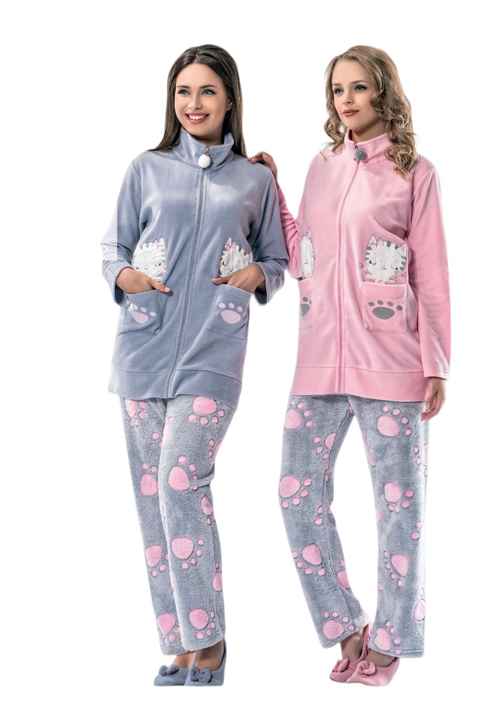 Warm high Collar Pink/Grey Winter Pyjamas set - 2 Pieces
