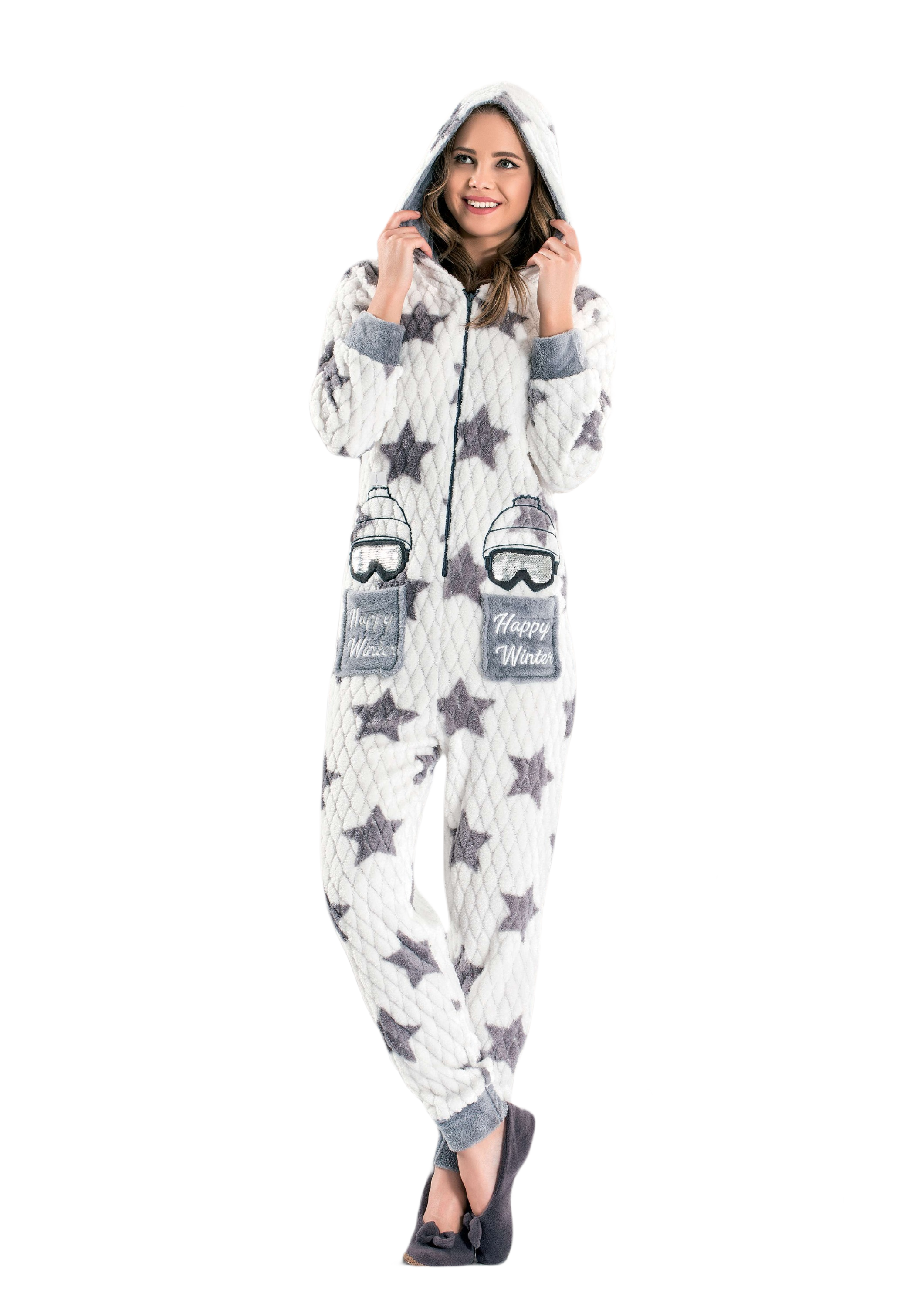 Winter Jumpsuit Grey-Star Hood Cosy Pyjamas set - 1 Pieces