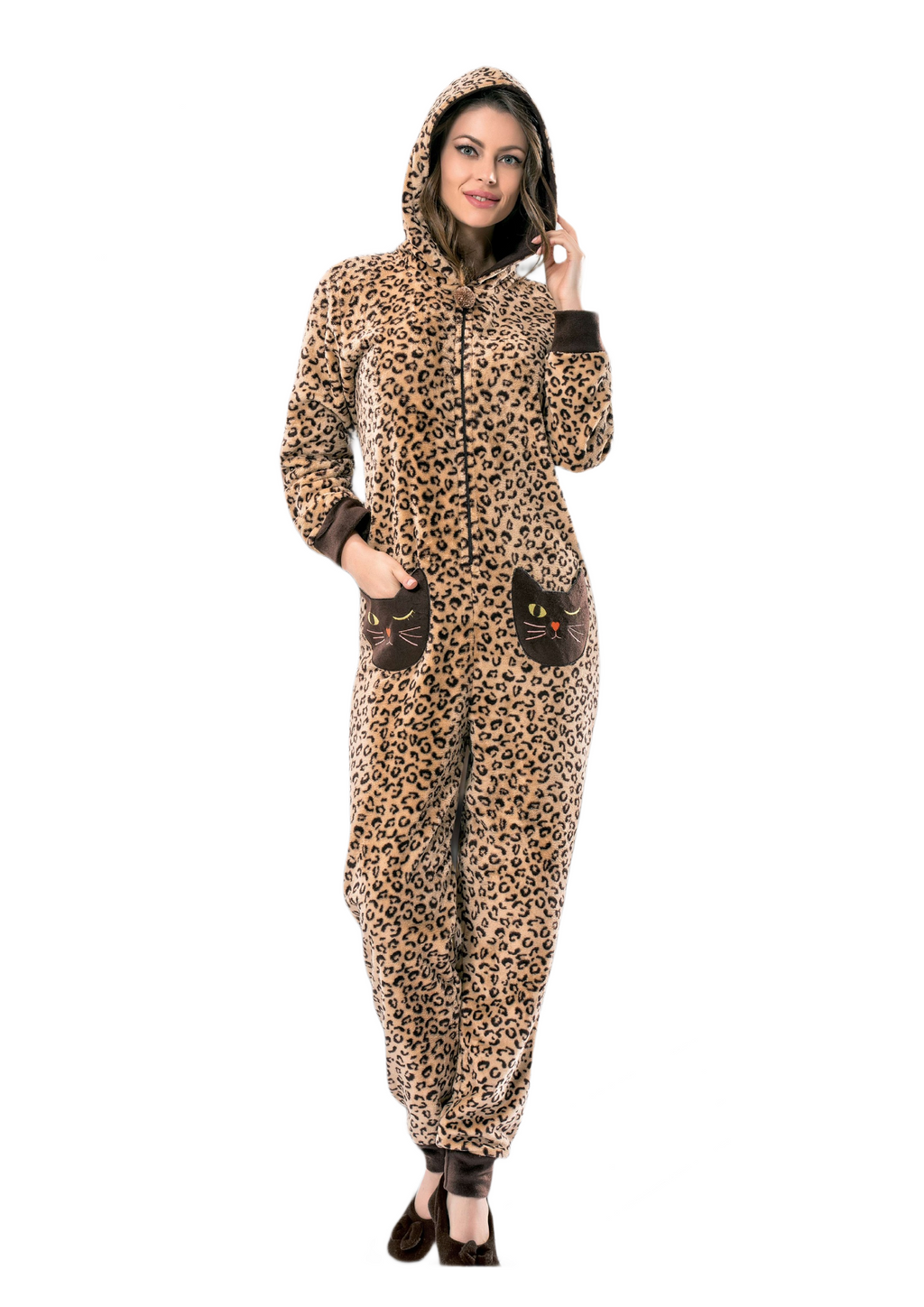 Jumpsuit Hoody-Big Cat Brown Leopard Winter Pyjamas set - 1 Pieces